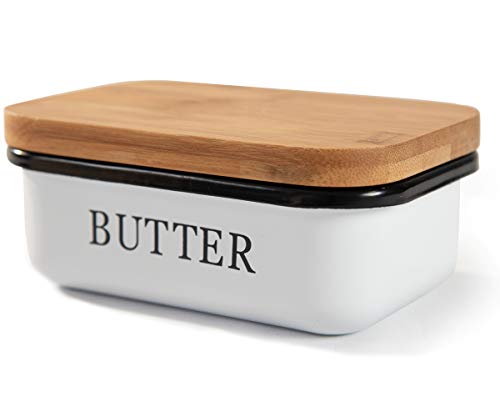 Theo&Cleo Butterdose mit Holzdeckel, Butterglocke für 250 g Butter, Multi-Funktion Butter Dish, Bambusdeckel, Weiß von Theo&Cleo
