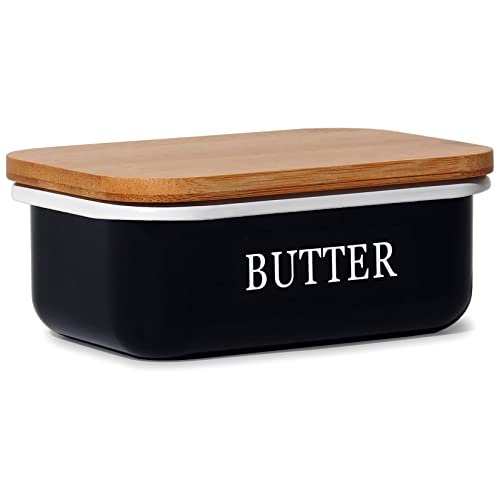 Theo&Cleo Butterdose mit Holzdeckel, Butterglocke für 250 g Butter, Multi-Funktion Butter Dish, Edlem & Nachhaltigem Bambusdeckel (Schwarz) von Theo&Cleo