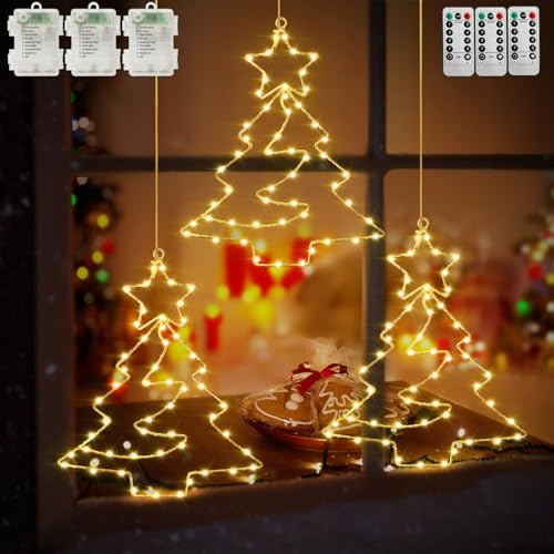 Therlan Weihnachtsdeko Fenster Beleuchtet, 3 Stück 55 LEDs Fensterbilder Baum Batterie Betrieben Mit Timer und Fernbedienung 8 Lichtmodi, LED Fensterdeko Weihnachten Beleuchtet Warmweißen von Therlan