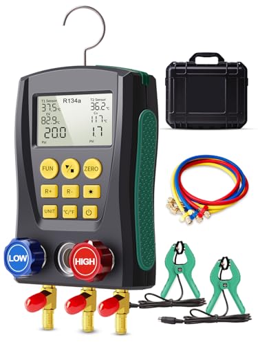 ThermElc AMD517 Digitale Kältemittel Monteurhilfe, HVAC System Manifold Messgeräte mit 2 Temperatur-Clips & Schläuchen, Digitale Verteiler Klimaanlage Für R134a R22 R12 R502 von Therm La Mode