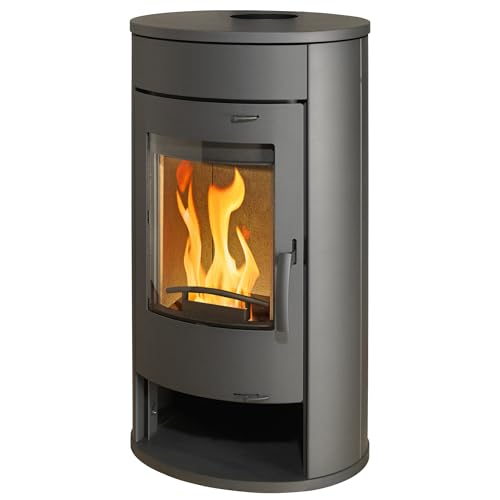 THERMIA Kaminofen Olympus V6 Stahl gussgrau, 7kW, ovale Form, abgerundete Sichtscheibe Bauart 1 Energieeffizienzklasse A+ Holzofen mit Holzfach 150mm Rauchrohr von Thermia