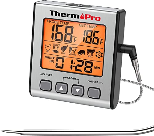 ThermoPro Digitales Grill-Thermometer Bratenthermometer Fleischthermometer Ofenthermometer mit Timer, Orange Hinterbeleuchtung, Temperaturbereich bis 300°C von ThermoPro