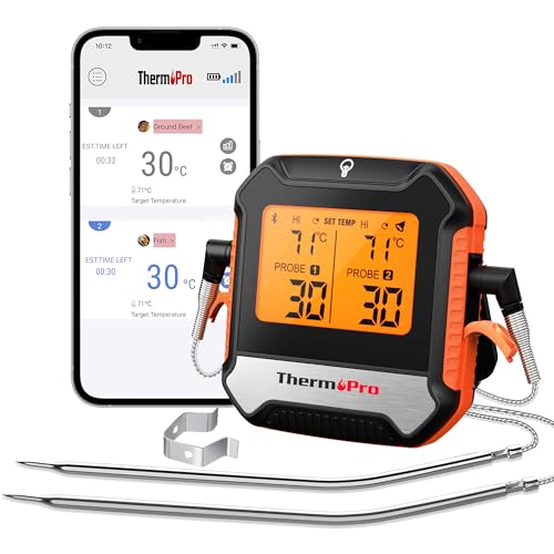 ThermoPro Fleischthermometer Digital Grillthermometer Funk Bratenthermometer mit 2 Sonden für BBQ Smoker Aufladbares Küchenthermometer mit Alarmfunktion Unterstützt Handy Bluetooth 5.0 bis zu 135m von ThermoPro