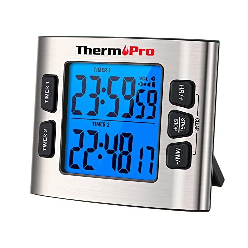 ThermoPro TM02 digitaler Küchentimer mit 2 Countdown-Stoppuhren Timer/Magnetuhr mit einstellbarem lautem Alarm und Hintergrundbeleucht mit großen LCD-Ziffern/24-Stunden-Anzeige für Kinder Lehrer von ThermoPro