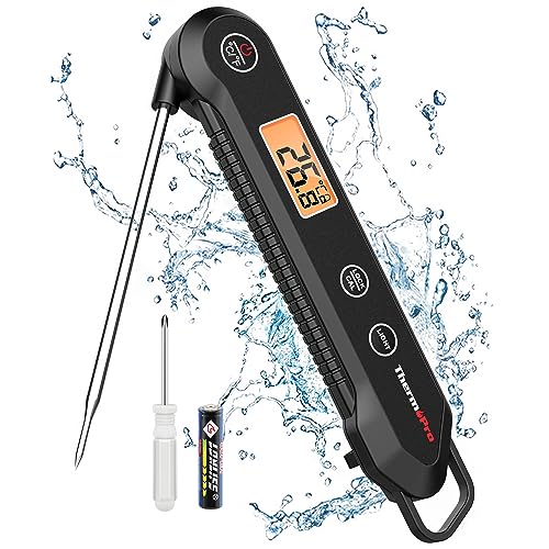 ThermoPro TP03HEU IPX6 Wasserdicht Fleischthermometer 0.5°C Präzise Grillthermometer 3s Schnelle Reaktion Faltbares Küchenthermometer für BBQ, Braten, Grill und Getränken Schwarz von ThermoPro