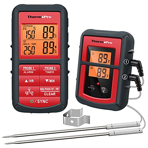 ThermoPro TP08C digitales Küchenthermometer Funk Fleischthermometer mit 2 Fühlern Kochthermometer Ofenthermometer Küchenuhr für BBQ Kochen Grill Ofen von ThermoPro