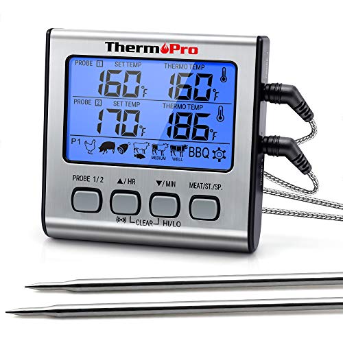 ThermoPro TP17 Digitales Grill-Thermometer Bratenthermometer Fleischthermometer Küchenthermometer, zwei Edelstahlsonden, Blaue Hinterbeleuchtung, Temperaturbereich bis 300°C von ThermoPro