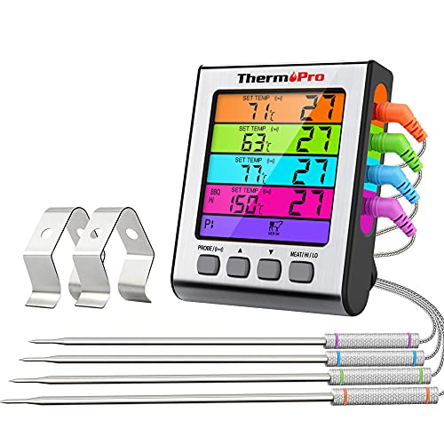 ThermoPro TP17H Digitales Grill-Thermometer Bratenthermometer Fleischthermometer Ofenthermometer mit 4 Edelstahlsonden, Blaue Hinterbeleuchtung, Temperaturbereich bis 300°C von ThermoPro