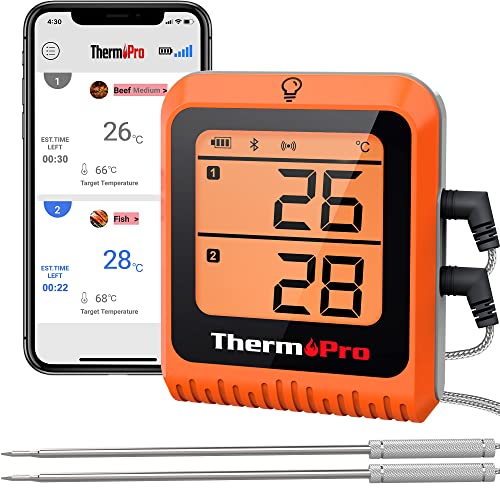 ThermoPro TP25H2 Küchenthermometer mit Timer und Alarmfunktion, 150 Meter, Empfängt Bluetooth, Thermometer für Fleisch, Grill, Ofen von ThermoPro