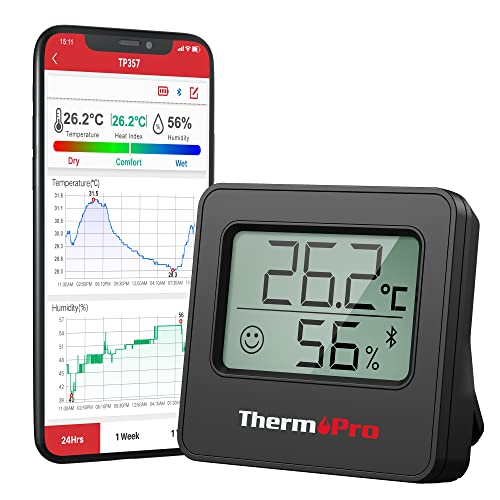 ThermoPro TP357B 80m Bluetooth Hygrometer Innen Thermometer für Innenräume mit APP Mini Luftfeuchtigkeitsmesser mit Smiley-Indikator Datengrafik für Büro, Weinkeller, Gewächshaus Schwarz von ThermoPro
