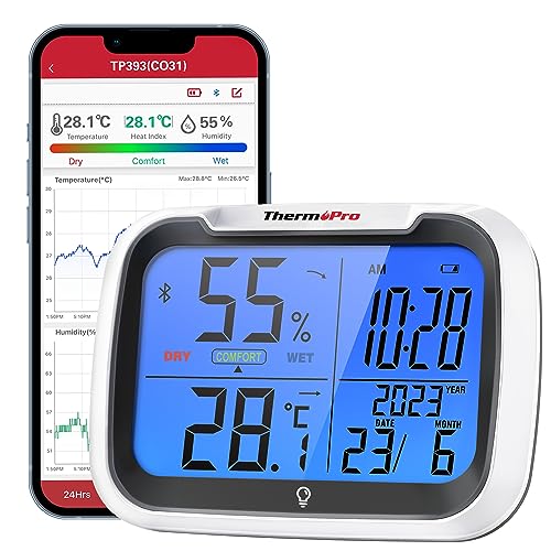 ThermoPro TP393 Bluetooth Hygrometer Thermometer Innen ±0.5℃ Luftfeuchtigkeitsmesser mit Uhrzeit Datum Thermometer für Innenräume, Büro, Großes Display Blau ThermoPro TP393 Bluetooth Hygrometer Thermometer Innen ±0.5℃ Luftfeuchtigkeitsmesser mit Uhrzeit Datum Thermometer für Innenräume, Büro, Großes Display Blau von ThermoPro