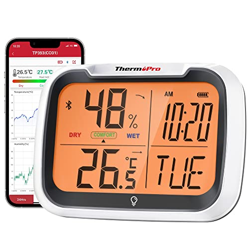 ThermoPro TP393 Bluetooth Thermometer Innen Hygrometer Wiederaufladbar Raumthermometer mit Uhrzeit Nachtlicht Luftfeuchtigkeitsmesser mit Thermometer für Innenräume, Büro, Großes Display von ThermoPro
