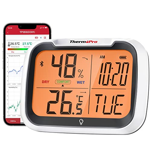 ThermoPro TP393 Bluetooth Thermometer Innen Hygrometer Wiederaufladbar Raumthermometer mit Uhrzeit Nachtlicht Luftfeuchtigkeitsmesser mit Thermometer für Innenräume, Büro, Großes Display ThermoPro TP393 Bluetooth Thermometer Innen Hygrometer Wiederaufladbar Raumthermometer mit Uhrzeit Nachtlicht Luftfeuchtigkeitsmesser mit Thermometer für Innenräume, Büro, Großes Display von ThermoPro