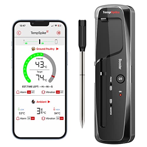 ThermoPro TempSpike Fleischthermometer Kabellos Grillthermometer Bluetooth IP67 Kerntemperaturmesser TP961 150m Bratenthermometer für Backofen, Grill, Rotisserie, Sicher im Geschirrspüler von ThermoPro