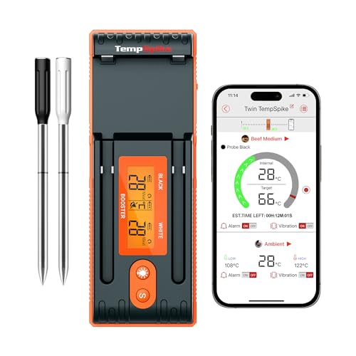 ThermoPro Twin TempSpike Fleischthermometer kabellos 150m Bluetooth Grillthermometer Backofenthermometer Ladeschale mit Display für Ofen, Grill, Rotisserie, sicher im Geschirrspüler von ThermoPro