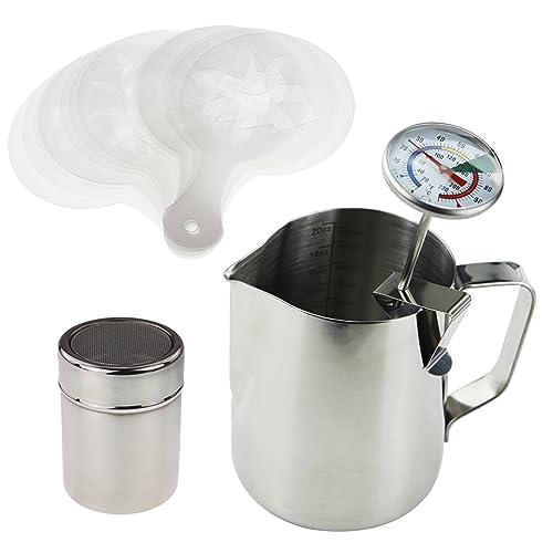 Barista-Set mit Milchthermometer, 600 ml Kanne, Kakaostreuer und 16-teiligem Schabloneset, ideal für Kaffee, Milchkaffee, Cappuccino, Mokka. von Thermometer World