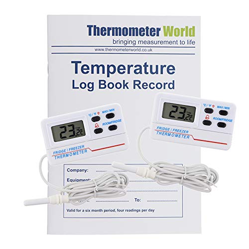 Temperatur-Logbuch mit 2 x digitalen Kühlschrank-Gefrierschrank-Thermometern mit Temperatur-Warnalarm und Max-Min-Funktion und 1,2 m Kabel von Thermometer World