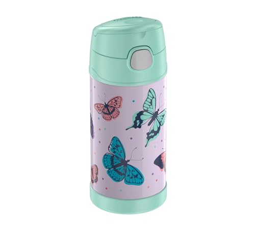 Thermos kids FUNTAINER STRAW BOTTLE 0,35l, butterflies, Thermosflasche für Kinder aus Edelstahl, mit Strohhalm, 12 h kalt, absolut dicht, für Schule, Kindergarten, Pause von Thermos