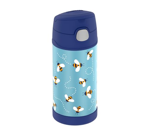 THERMOS kids FUNTAINER STRAW BOTTLE 0,35l, bees, Thermosflasche für Kinder aus Edelstahl, mit Strohhalm, 12 h kalt, absolut dicht, für Schule, Kindergarten, Pause von Thermos