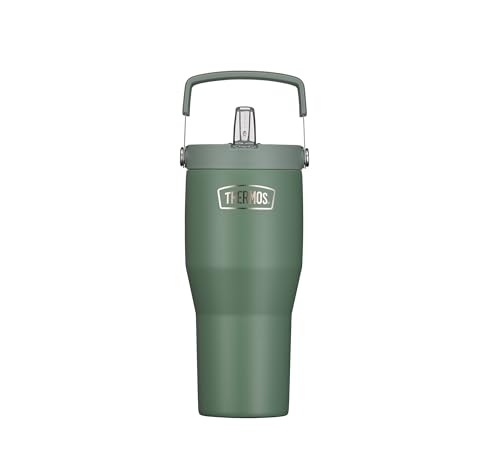 THERMOS REFRESHING SERIES Isolier-Trinkbecher 0,85l, grün matt, Tumbler mit Flip-Strohhalm und Griff für unterwegs, Arbeit oder zu Hause, geschmacksneutraler doppelwandiger Edelstahl von Thermos