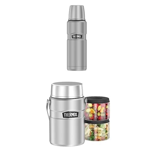 THERMOS STAINLESS KING BEVERAGE BOTTLE 0,47l, stainless steel, Thermosflasche, 12h heiß/24h kalt + THERMOS STAINLESS KING FOOD JAR 1,2l, steel, Thermosbehälter, Einsätze, Henkel, 12h heiß / 24h kalt von Thermos