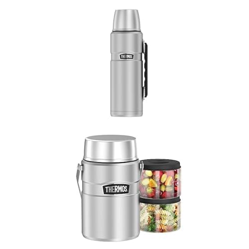 THERMOS STAINLESS KING BEVERAGE BOTTLE 1,2l, stainless steel, Thermosflasche, 24h heiß/24h kalt + THERMOS STAINLESS KING FOOD JAR 1,2l, steel, Thermosbehälter, Einsätze, Henkel, 12h heiß / 24h kalt von Thermos