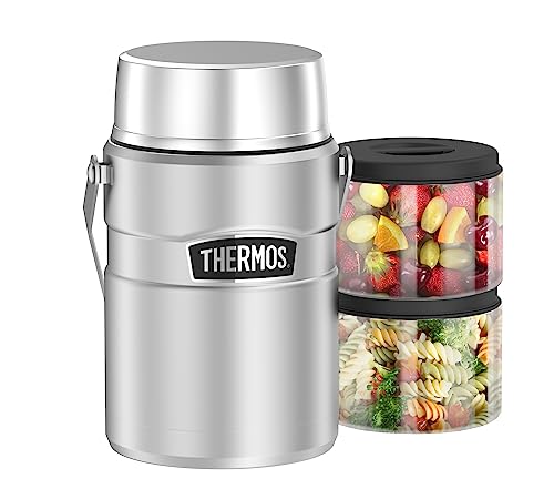 Thermos STAINLESS KING FOOD JAR 1,2l, steel, Thermosbehälter aus Edelstahl mit Einsätzen und Henkel, 12 h heiß / 24 h kalt, für Nudeln, Suppe, Müsli, Thermobehälter für Essen groß von Thermos