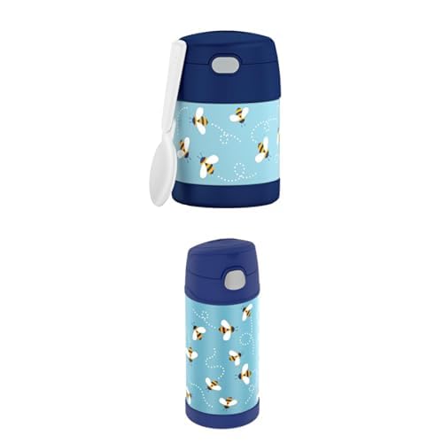 THERMOS kids FUNTAINER FOOD JAR 0,30l, bees, Thermobehälter Essen inkl. Löffel, 5 h heiß / 7 h kalt + THERMOS kids FUNTAINER STRAW BOTTLE 0,35l, bees, Kinder Thermosflasche Edelstahl inkl. Strohhalm von Thermos