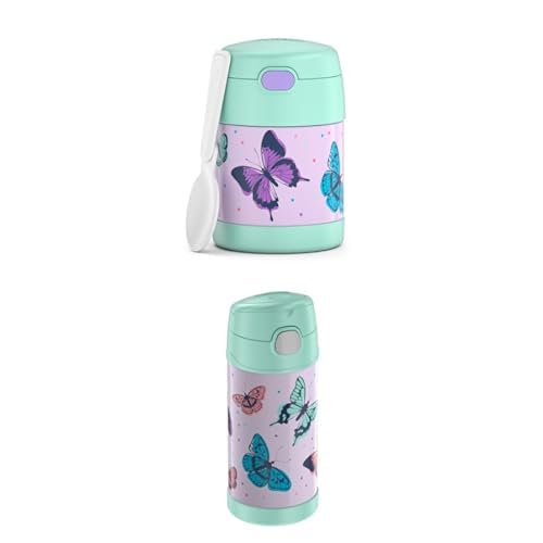 THERMOS kids FUNTAINER FOOD JAR 0,30l, butterflies, Thermobehälter inkl. Löffel, 5 h heiß / 7 h kalt + THERMOS kids FUNTAINER STRAW BOTTLE 0,35l, butterflies, Kinder Thermosflasche inkl. Strohhalm von Thermos