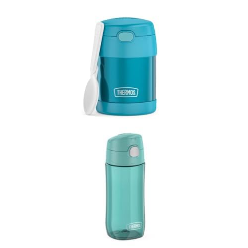 THERMOS kids FUNTAINER FOOD JAR 0,30l, ocean teal, Thermobehälter für Essen mit Löffel, 5 h heiß / 7 h kalt + THERMOS kids FUNTAINER TRITAN BOTTLE, ocean teal, Kinder-Trinkflasche aus Tritan, leicht von Thermos