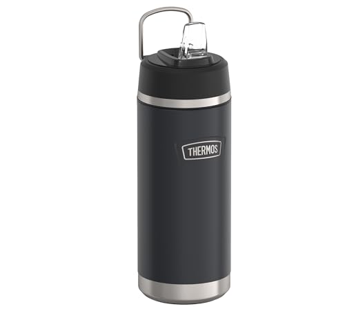 Thermos ICON Kids Trinkflasche 0,53l, dunkelgrau, graphite, 12h kalt, Trinkflasche aus Edelstahl, Isoliertrinkflasche mit Flip-Strohhalm, spülmaschinenfest, BPA-frei von Thermos