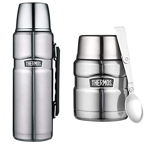 Thermos Stainless King Set: 1 x SK Speisegefäß, Edelstahl mattiert 0,47 l + 1 x SK Thermosflasche, Edelstahl mattiert 1,2 l, Spülmaschinenfest, hält Lange heiß und kalt, 100% dicht, BPA-Free von Thermos