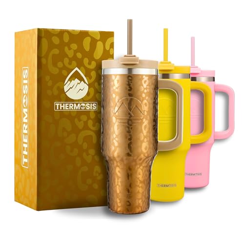 Thermosis 1,2 l Becher mit Griff und Strohhalm, isolierter 1,2 l Becher mit Deckel und Strohhalm, Mehrzweck-Becher mit Griff, Edelstahlbecher mit Deckel und Strohhalm, goldfarbener Leopardenmuster von Thermosis