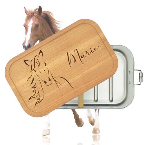 Brotdose Pferd Personalisiert | Gravur mit Namen | Edelstahl Weißblech mit Holzdeckel | Lunchbox mit Fächern | Geschenk Reiterin, Reiter | (Pferd) von Thiger