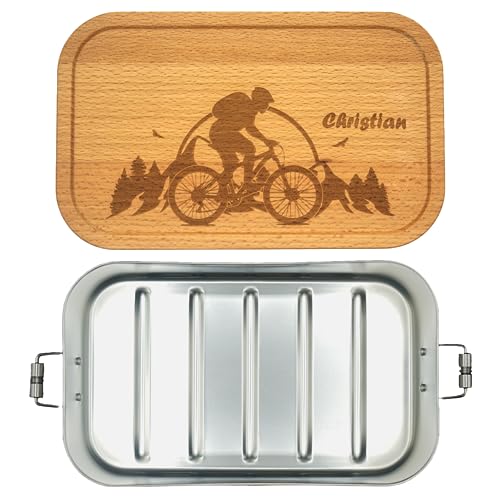 Brotdose mit Mountainbike Motiv aus Metall - Geschenk Radfahrer - Lunchbox Fahrrad - Holzdeckel Buche - Umweltfreundlich - Personalisierte Gravur mit Namen (700 ml ohne Trennwand, Mountainbike) von Thiger