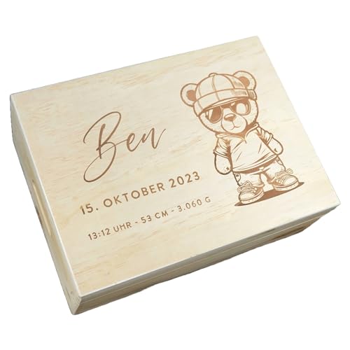 Erinnerungsbox zur Geburt Cool Teddy - Personalisiert mit Gravur - Erinnerungskiste Holz - Erinnerungskiste Geburt mit Namen - Geschenk Geburt von Thiger