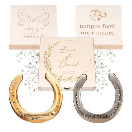 Hochzeitsgeschenk | Hufeisen mit Geschenkbox inkl. Personalisierung | Glückshufeisen mit Gravur | Personalisiertes Geschenk zur Hochzeit | Glücksbringer Brautpaar | Geschenk Namen von Thiger