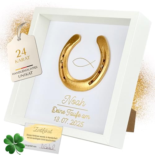 Taufgeschenk | Hufeisen im Bilderrahmen | Glücksbringer mit Personalisierung | Personalisiertes Geschenk zu Taufe + Konfirmation | Persönliches Geschenk Täufling | Geschenk Taufe (Vergoldet - Fisch) von Thiger