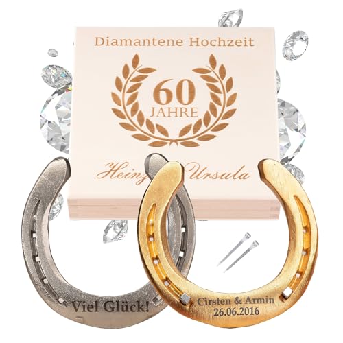 Thiger® Glückshufeisen Diamant-Hochzeit Geschenk mit Gravur | personalisierbar | echtes Hufeisen in gravierter Holzbox mit Lorbeerkranz & 60 | optional vergoldet | Ehejubiläum 60 Jahre von Thiger