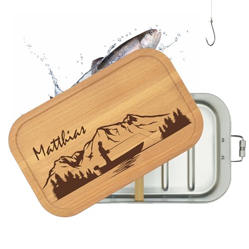 Thiger Brotdose Angeln Personalisiert | Gravur mit Namen | Edelstahl Weißblech mit Holzdeckel | Lunchbox mit Fächern | Geschenk Angler, Anglerin, Angelfreund | (Angler) von Thiger