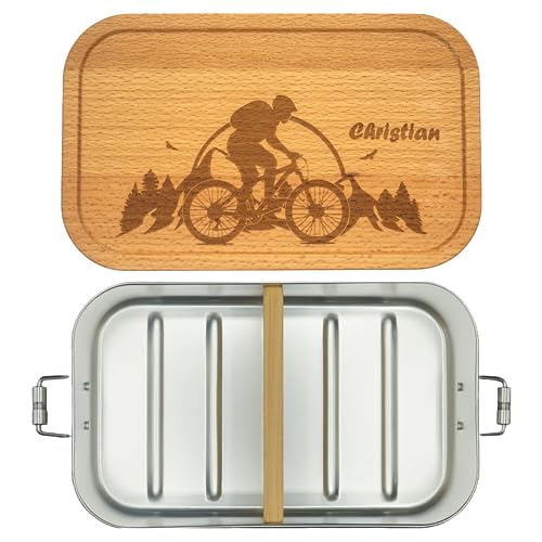 Thiger Brotdose Mountainbike mit Fächern - Geschenk Radfahrer - Lunchbox Fahrrad - Holzdeckel aus Buche - Umweltfreundlich - Personalisierte Gravur mit Namen (700 ml + 1 Trennwand, Mountainbike) von Thiger