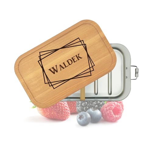 Thiger Brotdose Personalisiert | Gravur mit Namen | Edelstahl Weißblech mit Holzdeckel | Lunchbox mit Fächern | Geschenk persönlich | (Rahmen) von Thiger