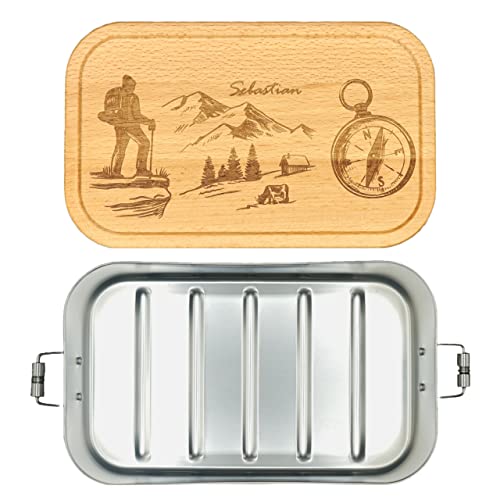 Thiger Brotdose zum Wandern - Edelstahl Brotbox mit Holzdeckel - Personalisiertes Geschenk - Lunchbox für Wanderer - Edelstahl Trinkflasche (1100 ml ohne Trennwand) von Thiger