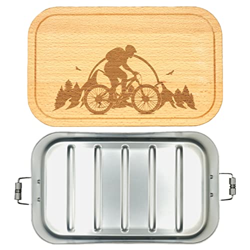 Thiger Brotdose mit Mountainbike Design aus Metall mit Holzdeckel - Lunchbox mit Fächern und Gravur - Umweltfreundliches Geschenk (700 ml + 2 Trennwände, Gravur Mountainbike) von Thiger