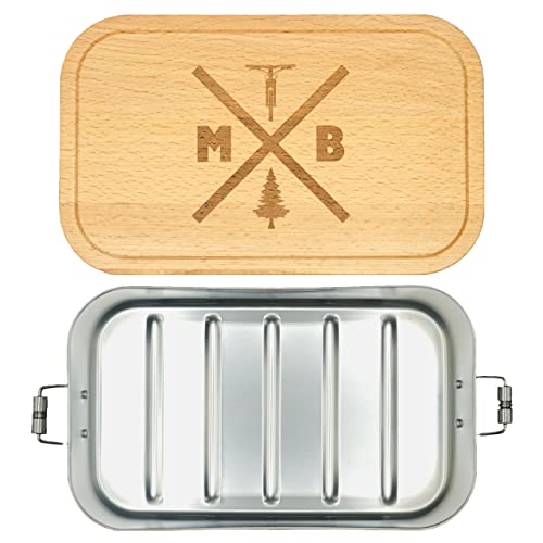 Thiger Brotdose mit Mountainbike Design aus Metall mit Holzdeckel - Lunchbox mit Gravur - Umweltfreundliches Geschenk (700 ml ohne Trennwand, Gravur MTB) von Thiger