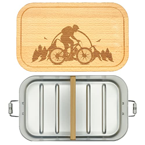 Thiger Brotdose mit Mountainbike-Design und Holzdeckel - Lunchbox mit Trennwand und Gravur - Umweltfreundliches Geschenk (700 ml + 1 Trennwand, Gravur Mountainbike) von Thiger