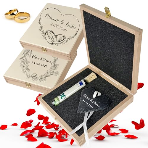 Thiger Geldgeschenk zur Hochzeit Personalisiert | edle Holz-Geschenkbox mit Gravur,Schieferherz zum Aufhängen mit Gravur & Reagenzglas für Geldscheine | Hochzeitsgeschenk Geld (Box + Schieferherz) von Thiger