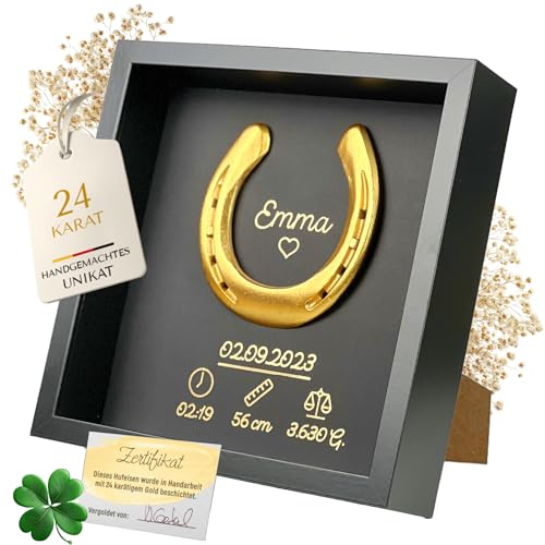 Thiger Personalisiertes Geschenk Geburt - Glückshufeisen im Bilderrahmen | Personalisierte Geschenke zur Geburt | Baby Geschenk Mädchen & Junge (Vergoldet/Schwarz) von Thiger