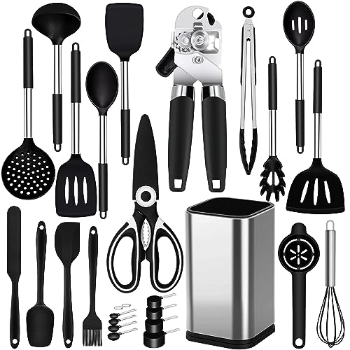 Küchenhelfer Set, 26 Stück Silikon Küchenutensilien Set, Hitzebeständiger Kochgeschirr mit Utensilienhalter, Silikon Pfannenwender Kochlöffel Antihaft Spachtel, BPA Frei, Spülmaschinenfest, Schwarz von Thimmamma