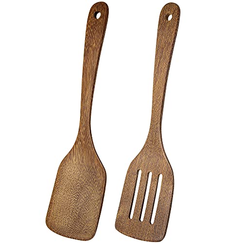 Pfannenwender Holz, 2er Set Geschlitzt Pfannenwender aus Küchenhelfer, 30cm Groß Holz Spatel Kochgeschirr Turner Antihaft Spülmaschinenfest zum Kochen von Thimmamma